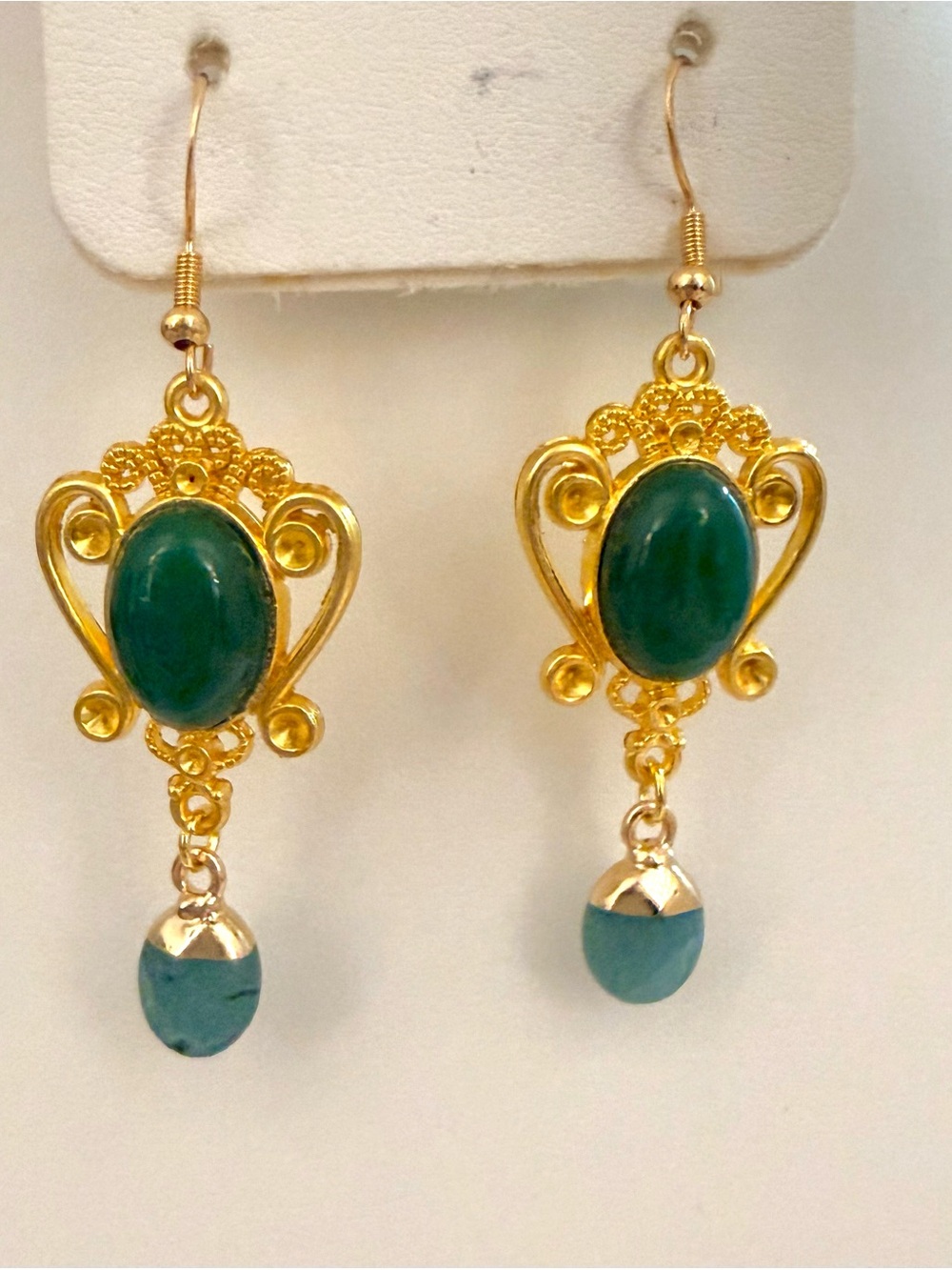 S925 Gold Plated Sterling Silver Green Stones Filigree Dangle Drop Earrings